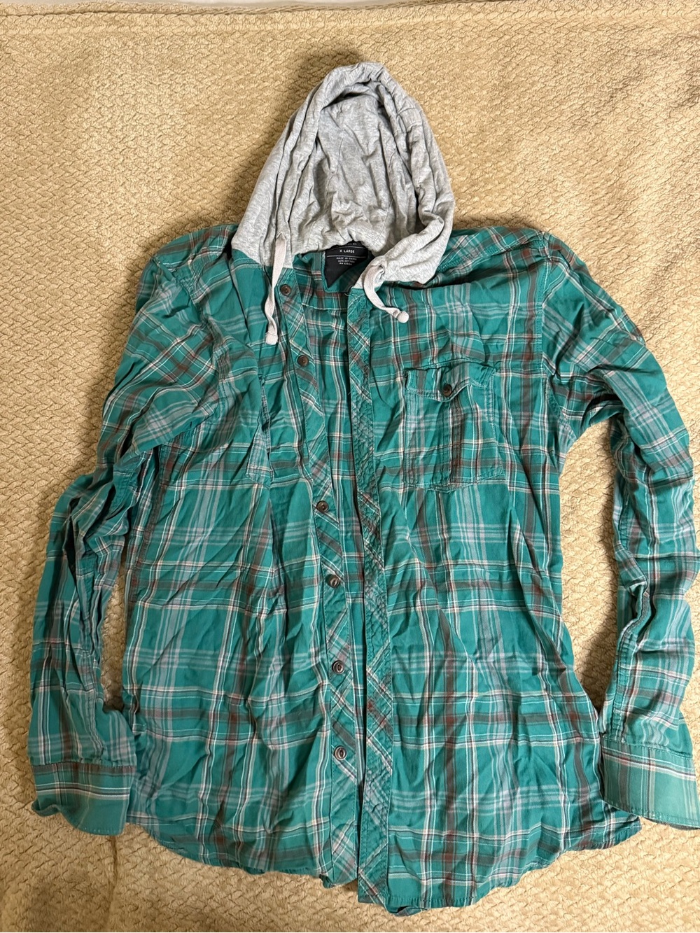 Men's Green Plaid Hooded Button-Up Shirt Jacket